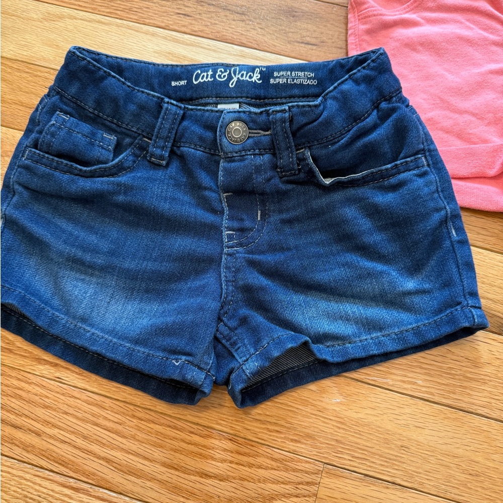 Cat & Jack Navy Denim and Coral Pink Knit Girls' Shorts Set - Picture 2 of 7
